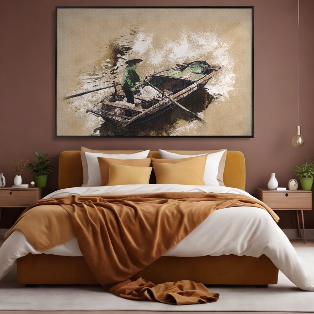 Tablou canvas cu tablou canvas cu pescar pe barca, in rama de aluminiu negru, pe perete intr-un dormitor